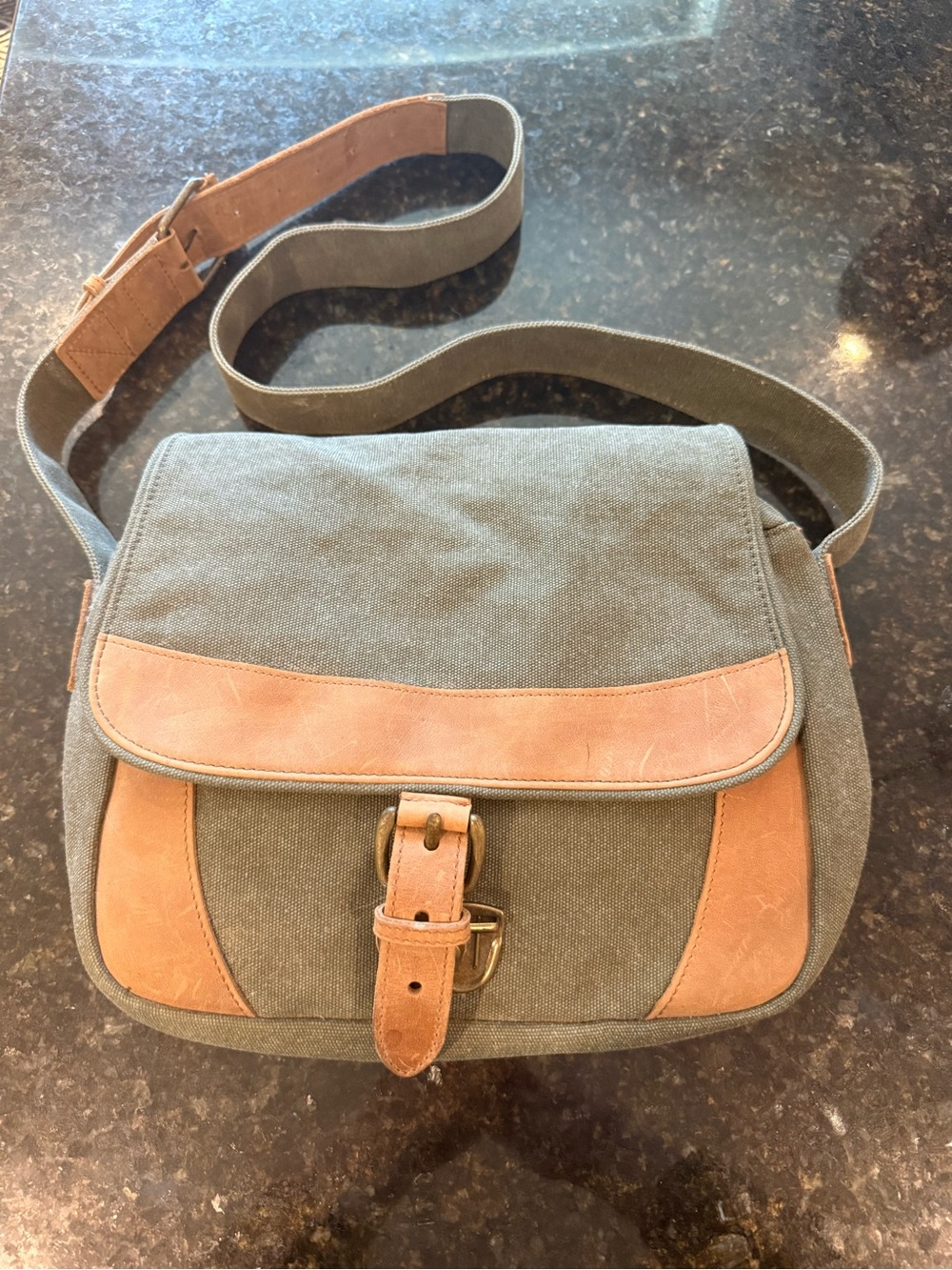 Vintage LLBean Canvas Crossbody Messenger Bag with Leather Trim - Olive